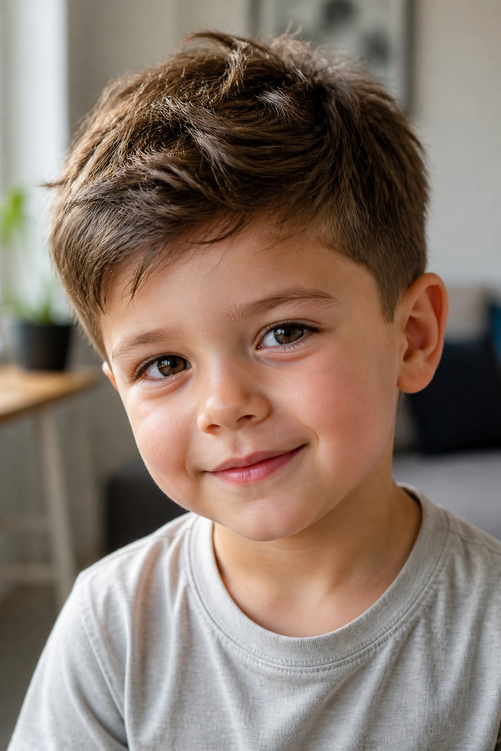 Boy with scissor-only layered cut showing soft movement at crown