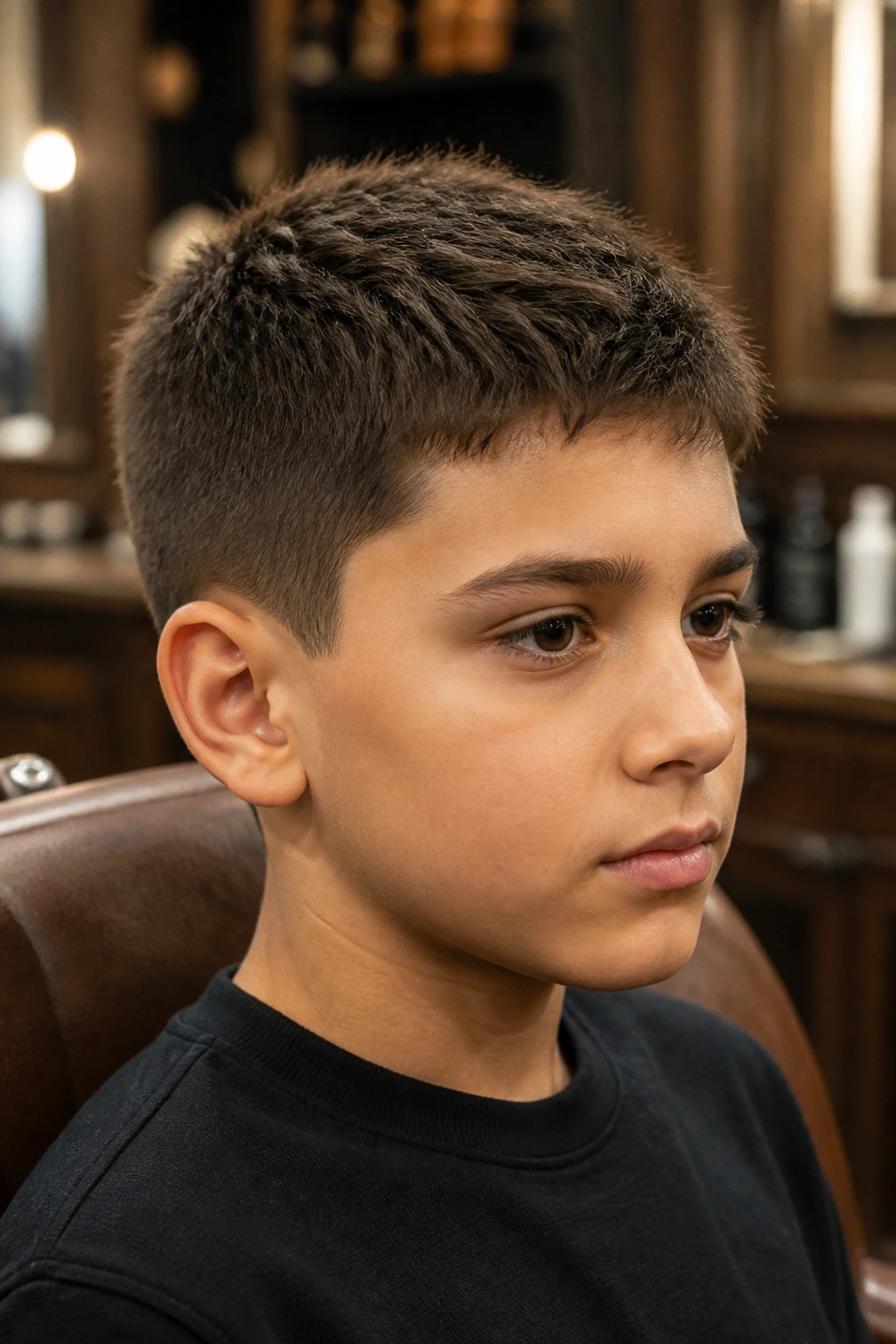 Close-up of a real boy with a scissor-only crew cut in a barbershop