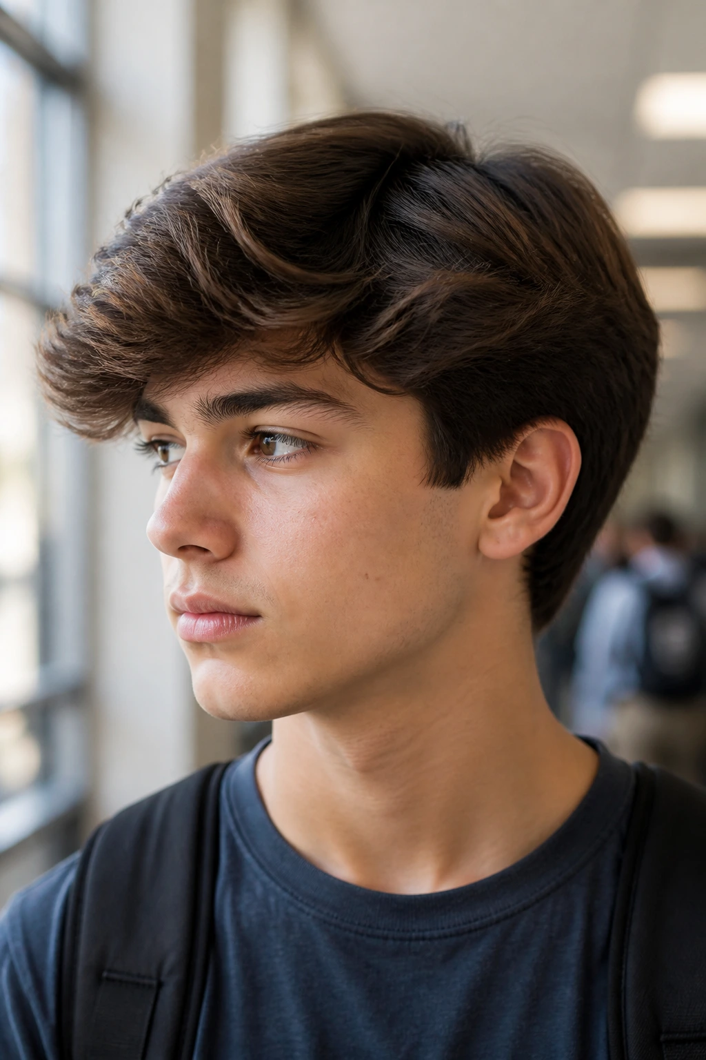 Close-up of a boy with scissor-only school cut swoop hairstyle