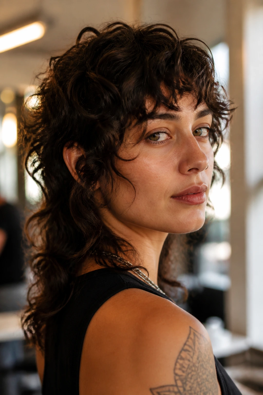 Close-up portrait of a woman with a scissor-soft mullet and thick loose curls