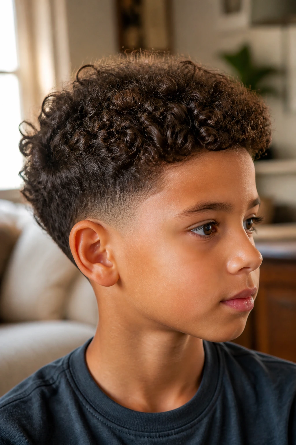 Close-up of a real child with a scissor-soft natural haircut and low taper fade on curly hair