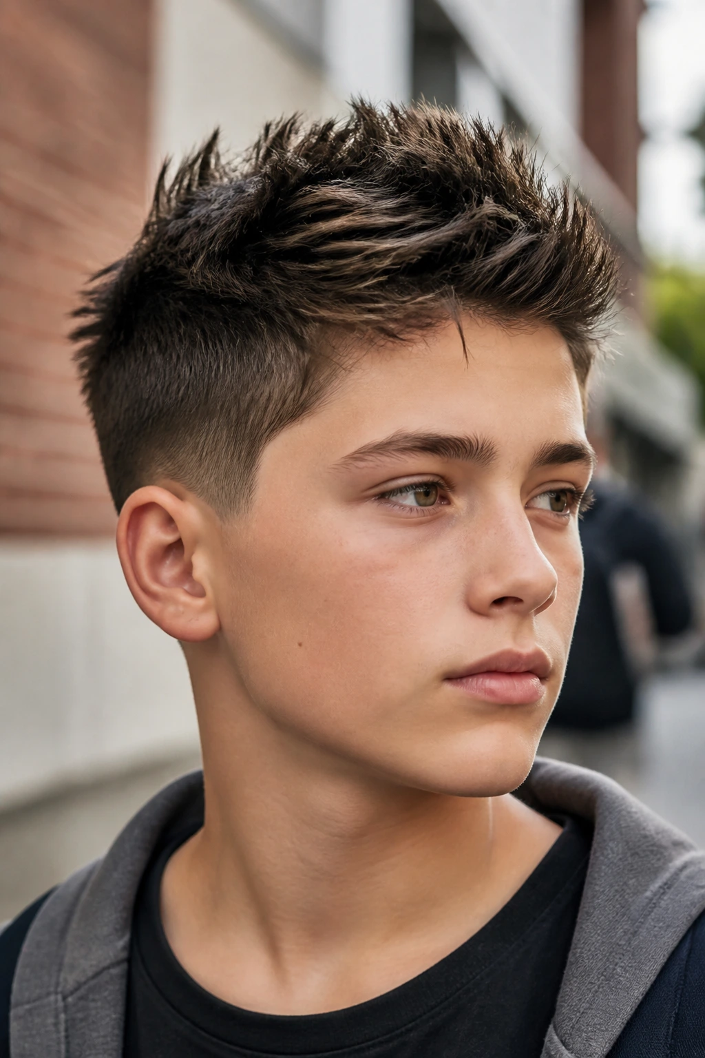 Close-up of a real boy with a scissor-taper Eurohawk haircut