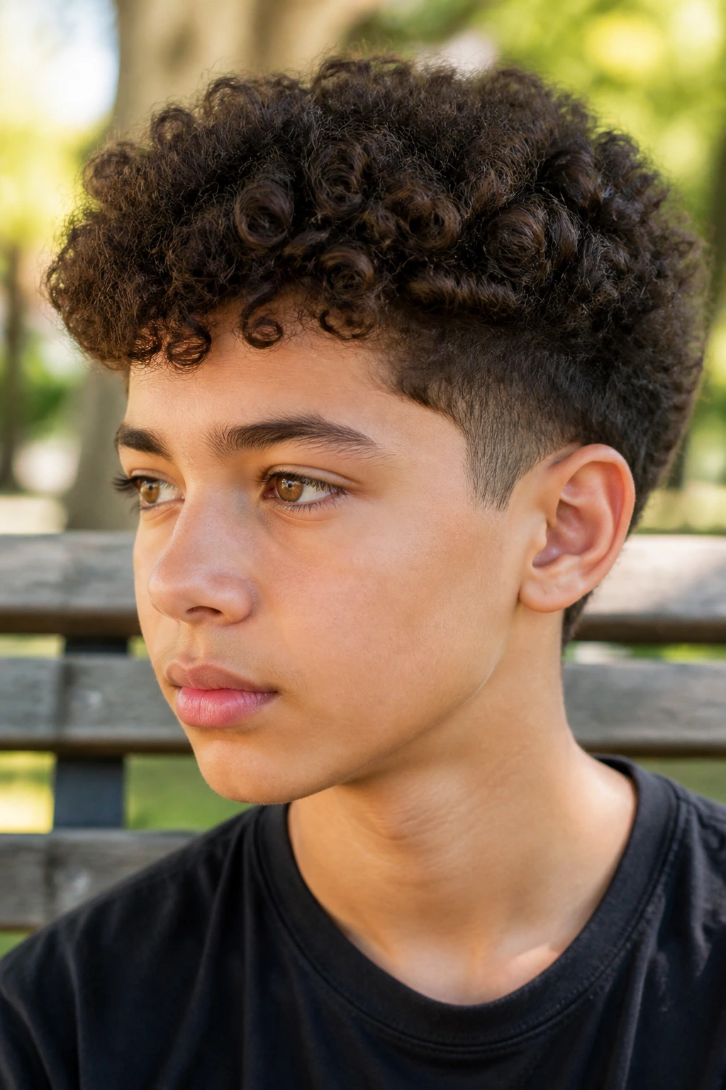 Boy with scissor taper and natural volume in a park