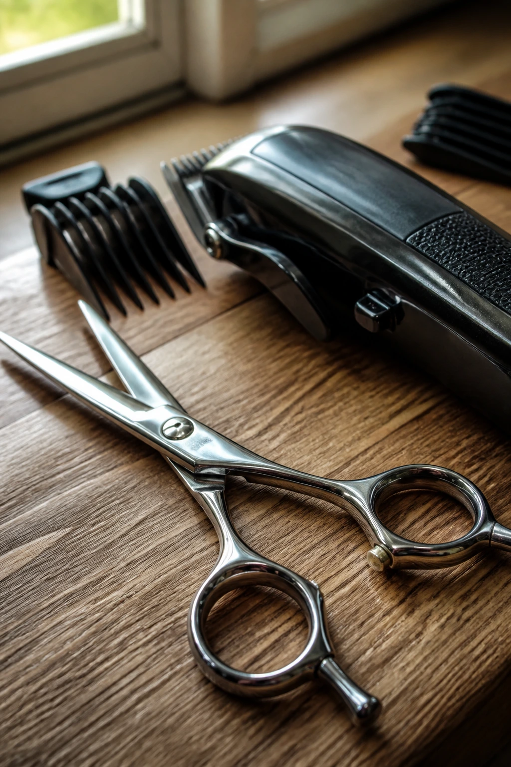 Close-up of barber scissors and clipper with guards on a counter.