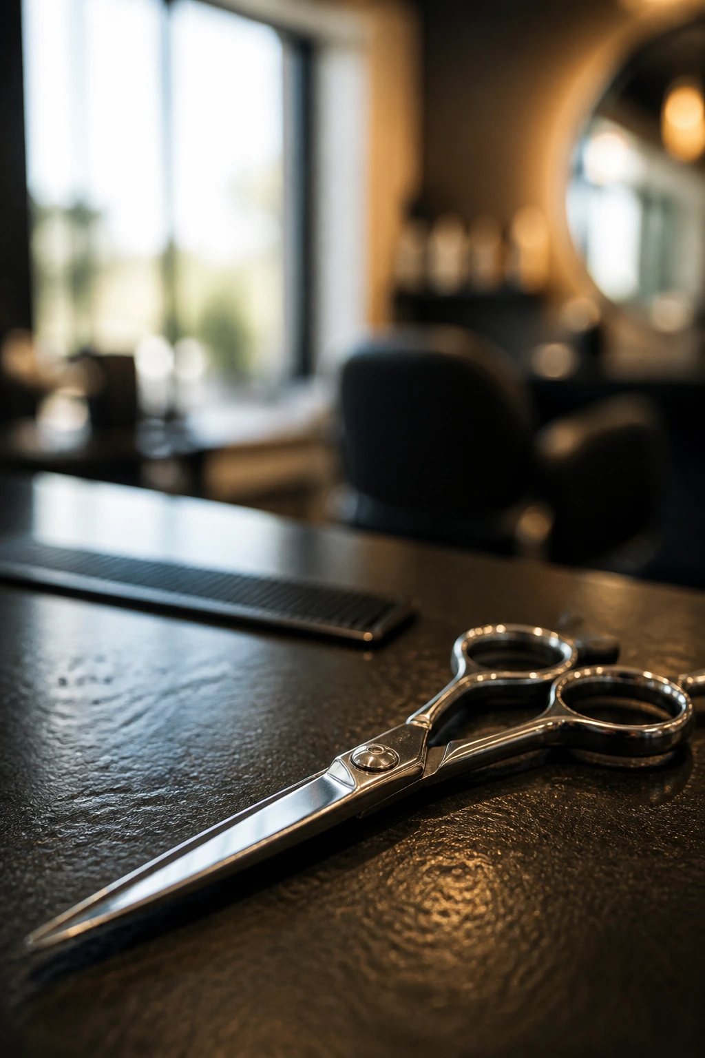 Close-up of professional haircutting shears in a salon setting