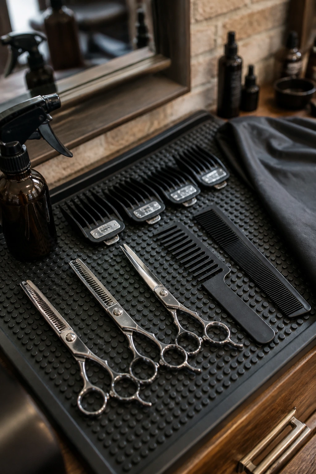 Tools for thick-hair kids haircut arranged on a barber station