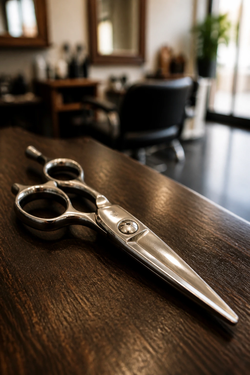 Close-up of professional hair-cutting scissors on dark wood with soft salon blur