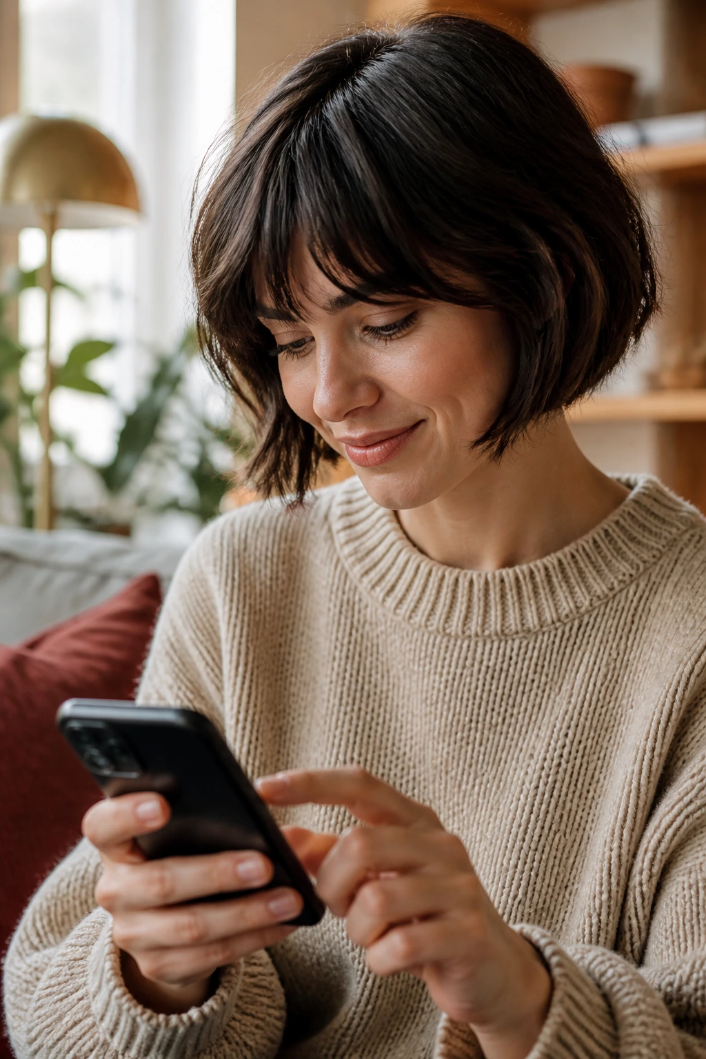 Close-up portrait of a person scrolling on a smartphone in a cozy living room