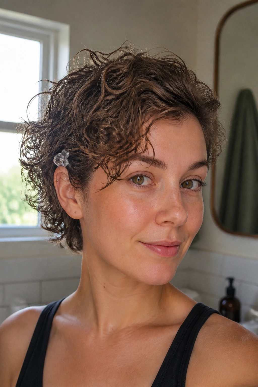 Close-up of a real person with scrunched natural texture hairstyle