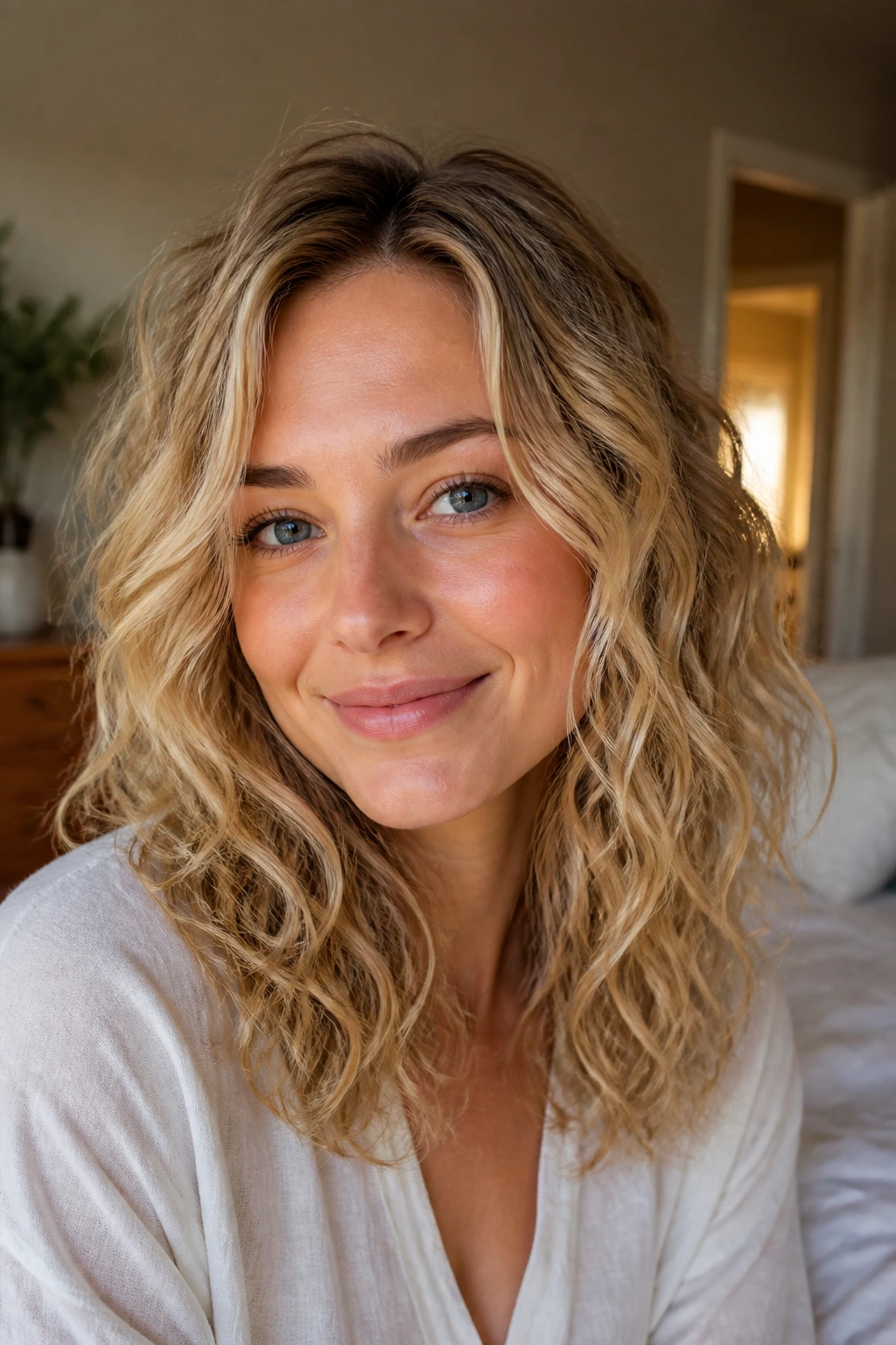 Real woman with sandy blonde scrunched waves in airy texture