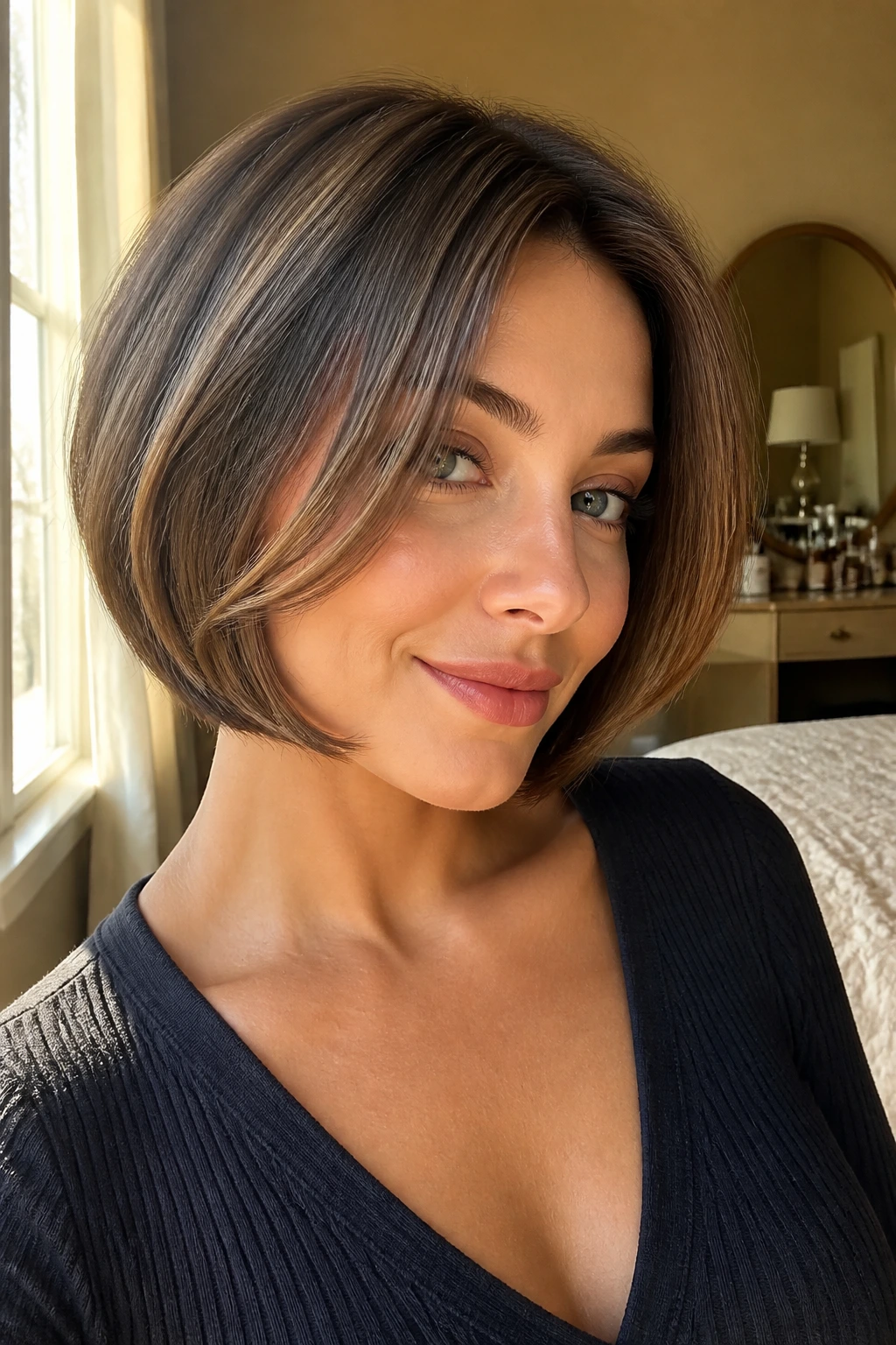 Close-up portrait of a woman with a sculpted bob and face-framing bevel on a heart-shaped face