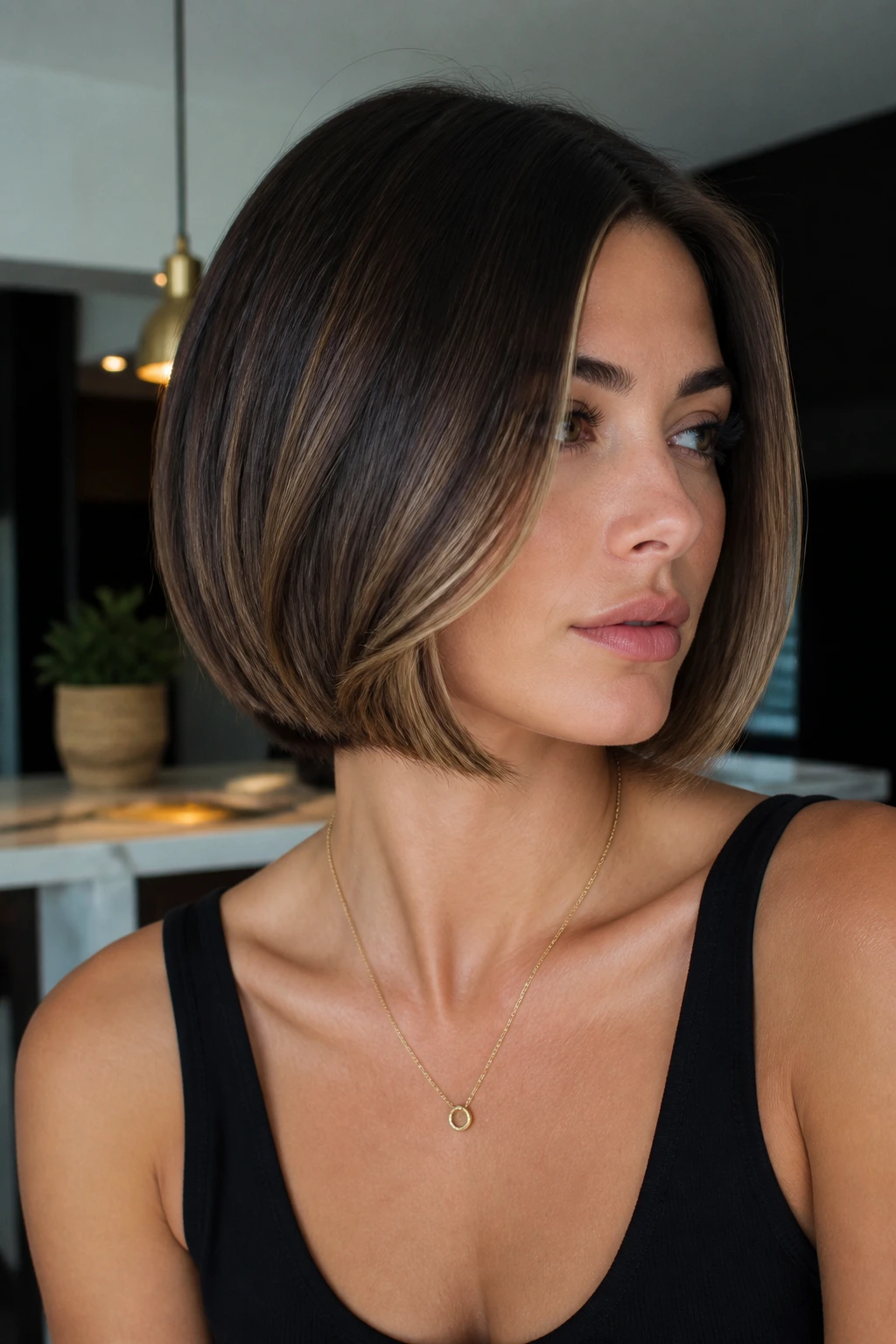 Portrait of a real woman with sculpted bob and hidden interior babylights