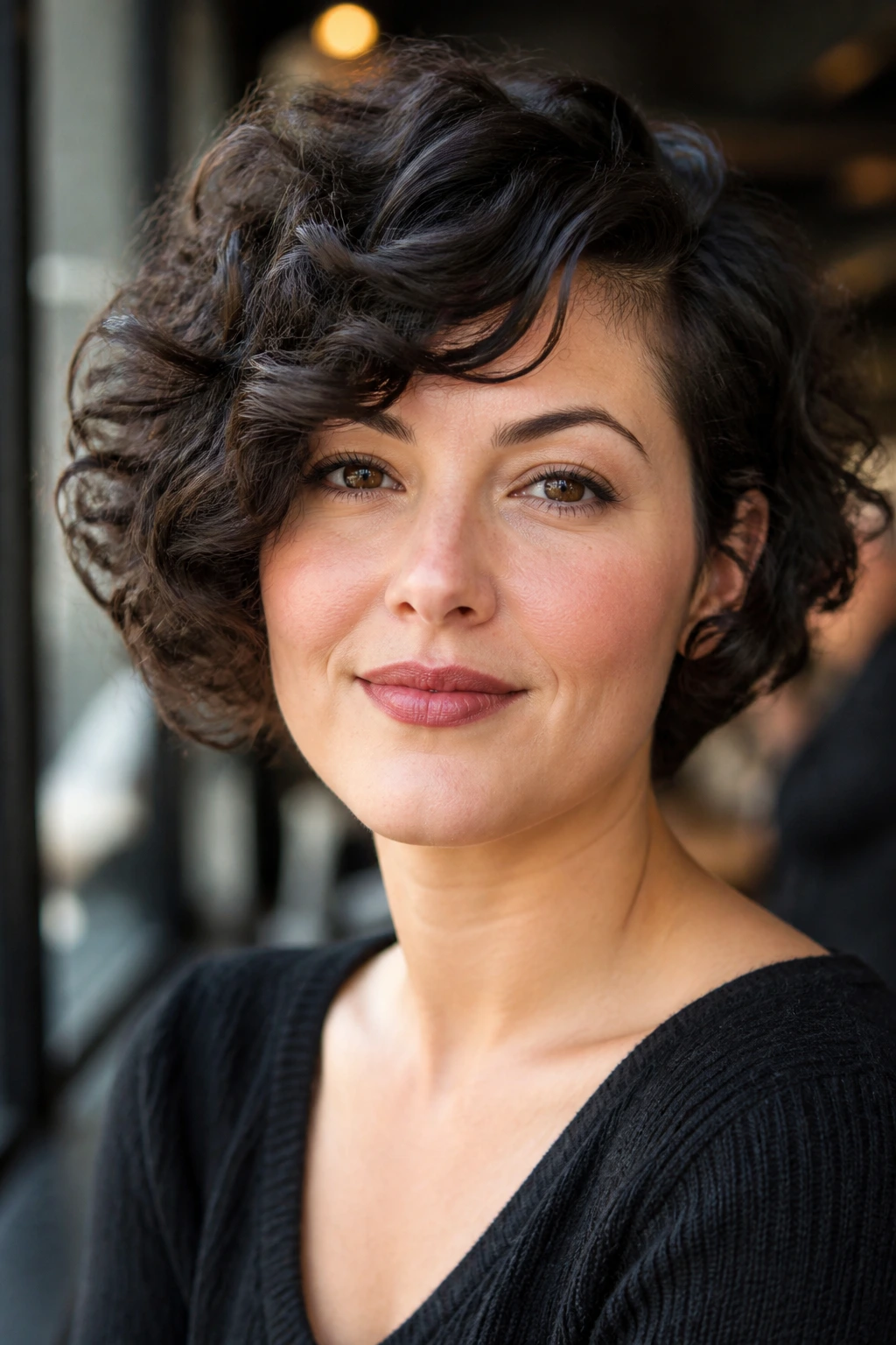 Close-up of a real woman with a sculpted curly bob and side-swept fringe.