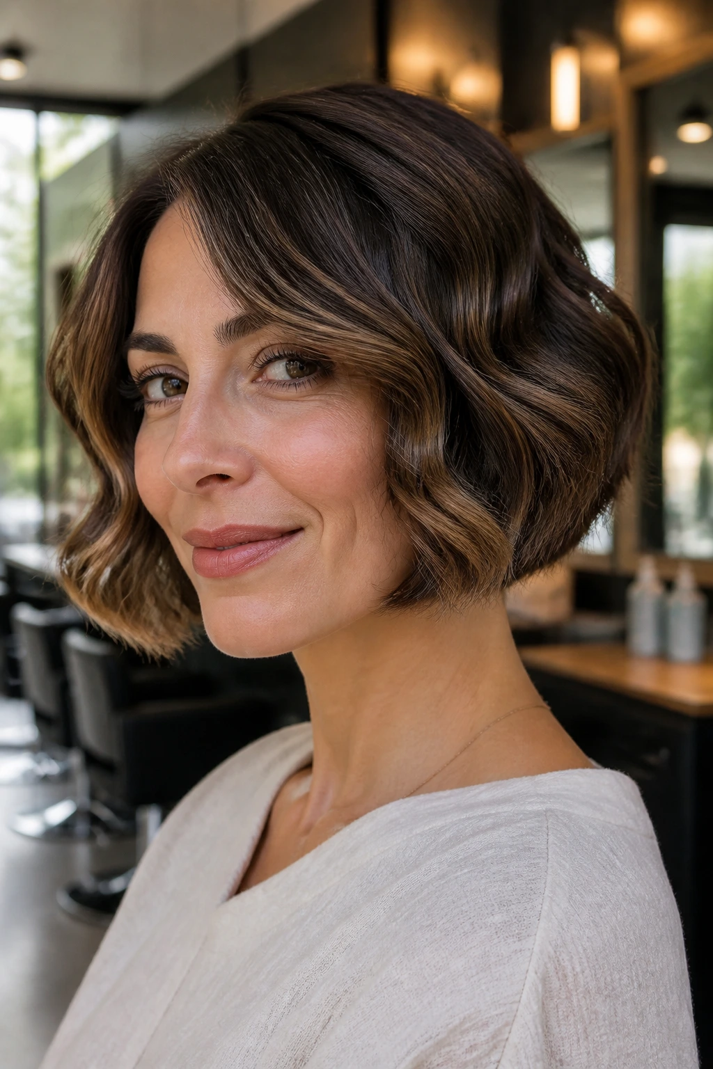 Close-up of real woman with sculpted bob and defined S-wave, warm salon light