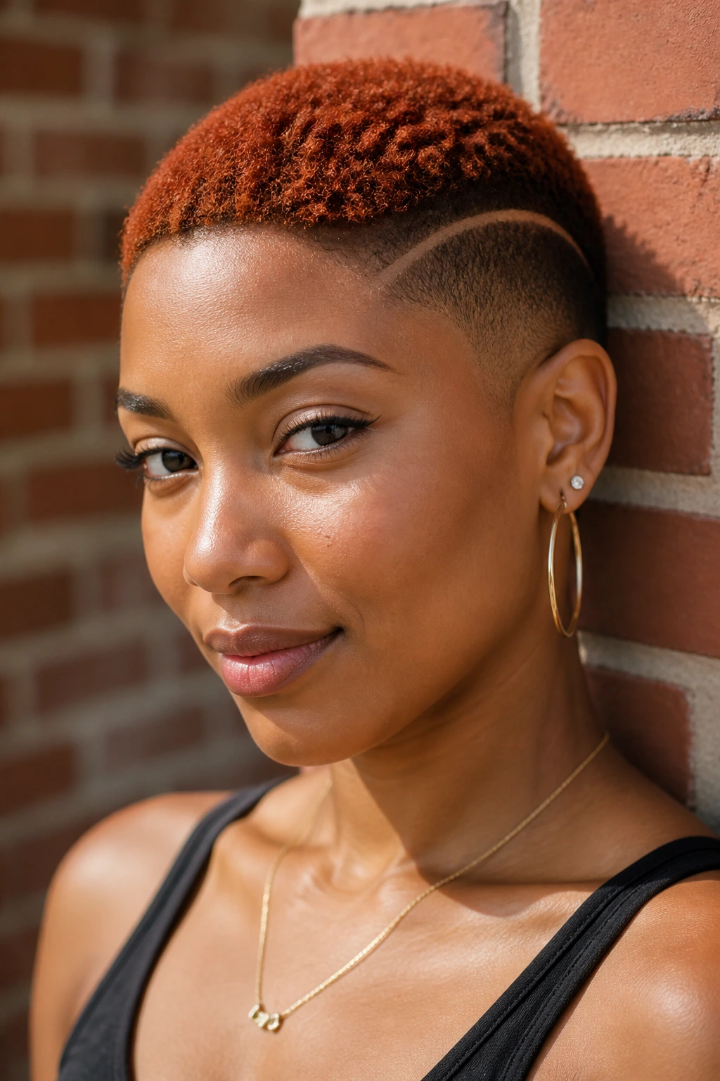 Close-up portrait of a real person with a sculpted buzz cut and copper-toned color.