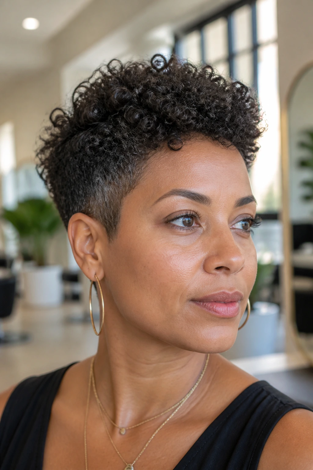 Close-up portrait of a real woman with sculpted crown crop hairstyle.