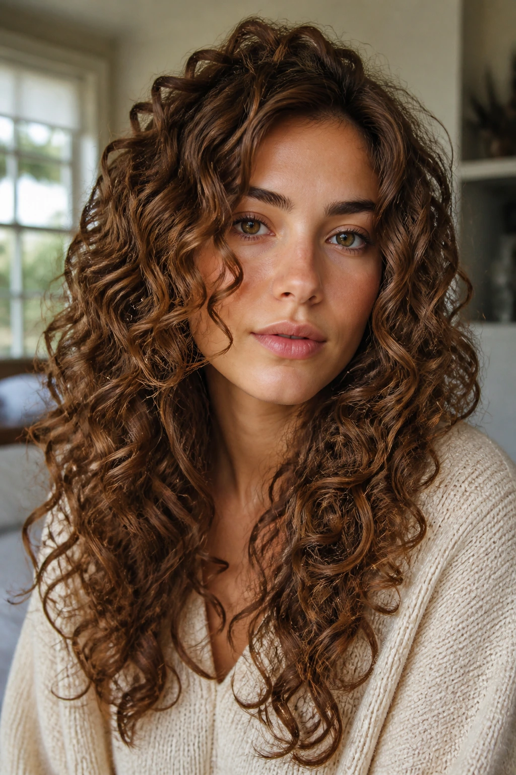 Close-up portrait of a real woman with sculpted curl set and long layers.