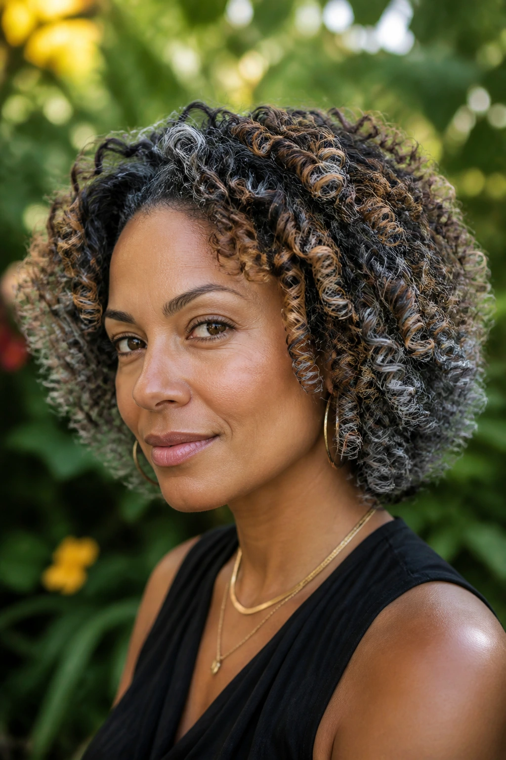 Close-up portrait of a real woman with sculpted curls and sterling grey tips