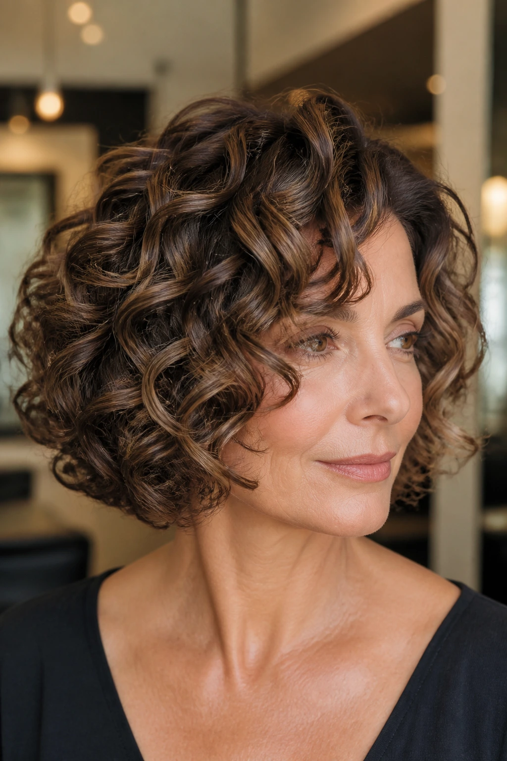 Close-up of a real person with a sculpted curly bob and dimensional lowlight veils