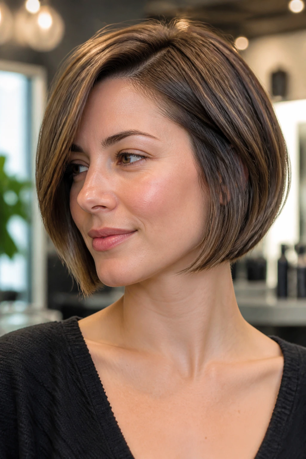 Real woman with a sculpted everyday bob and subtle bend at ends