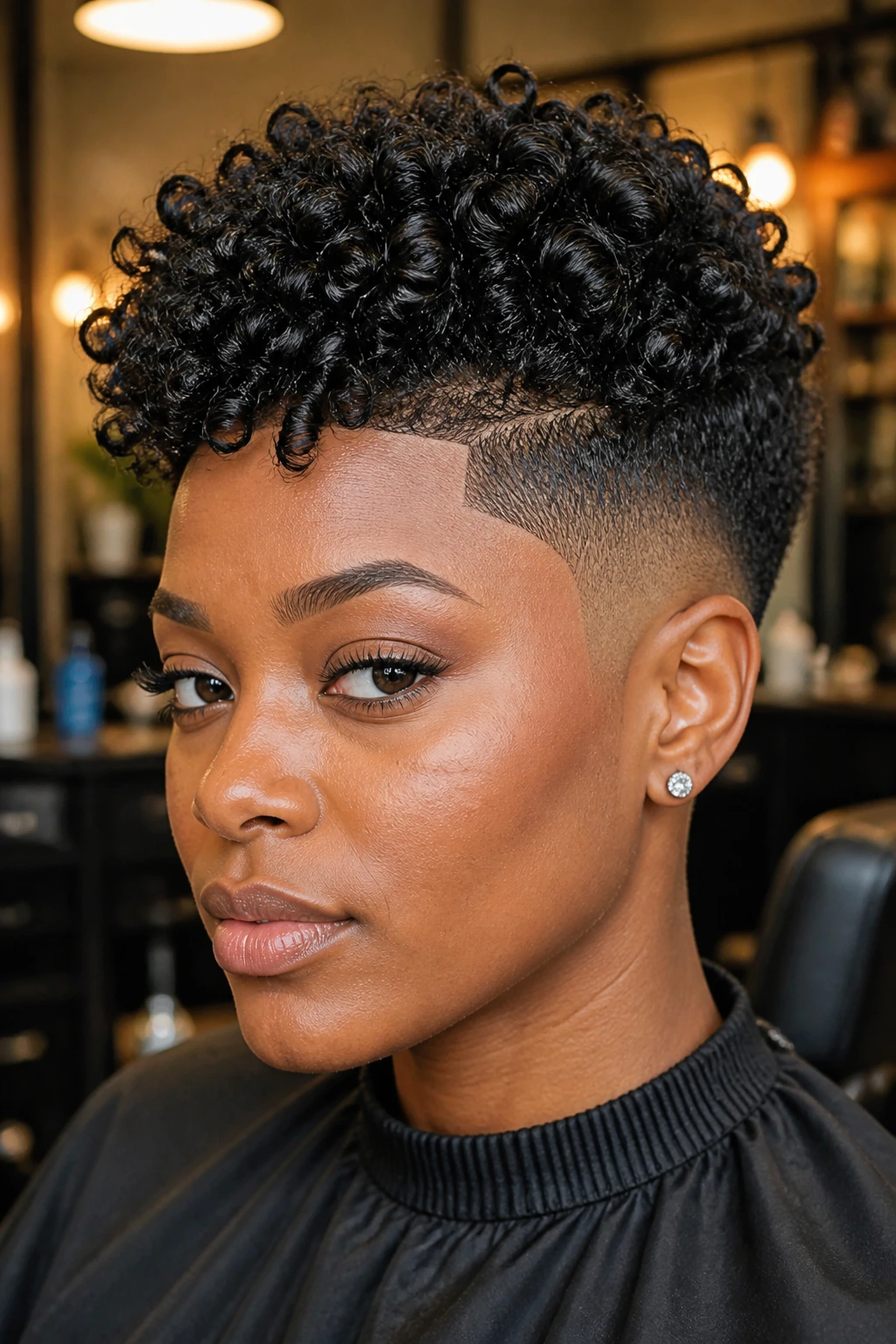 Portrait of a woman with a sculpted fade and curls on top.