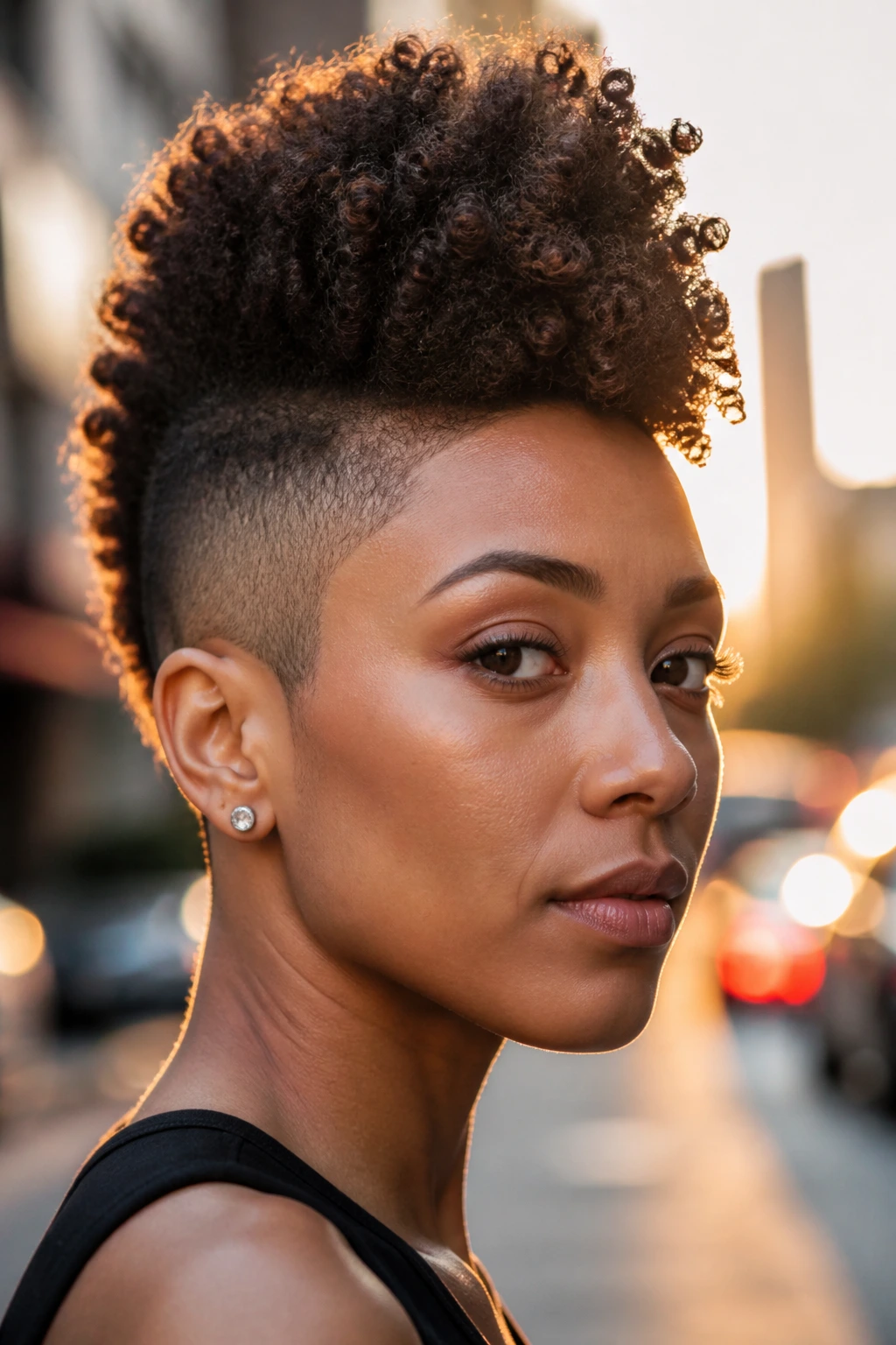 Close-up portrait of a real person with a sculpted frohawk hairstyle on an urban street at golden hour