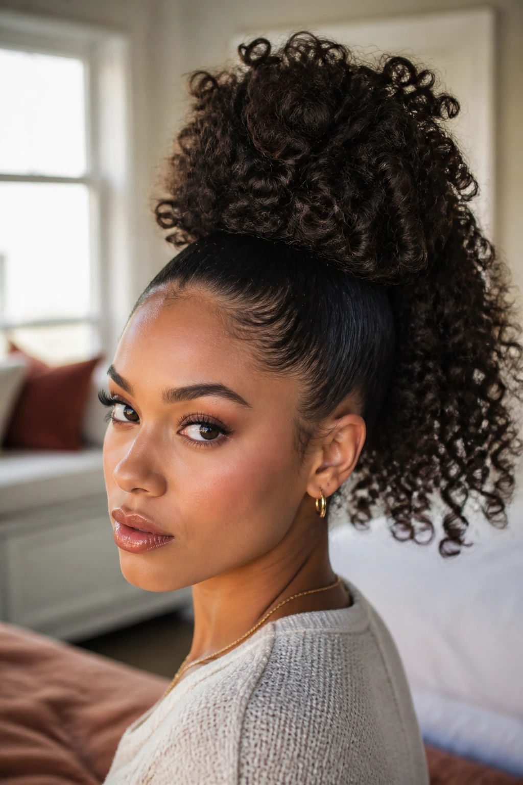 Close-up of a real woman with a sculpted high puff ponytail, crown lifted and curls fanning out.