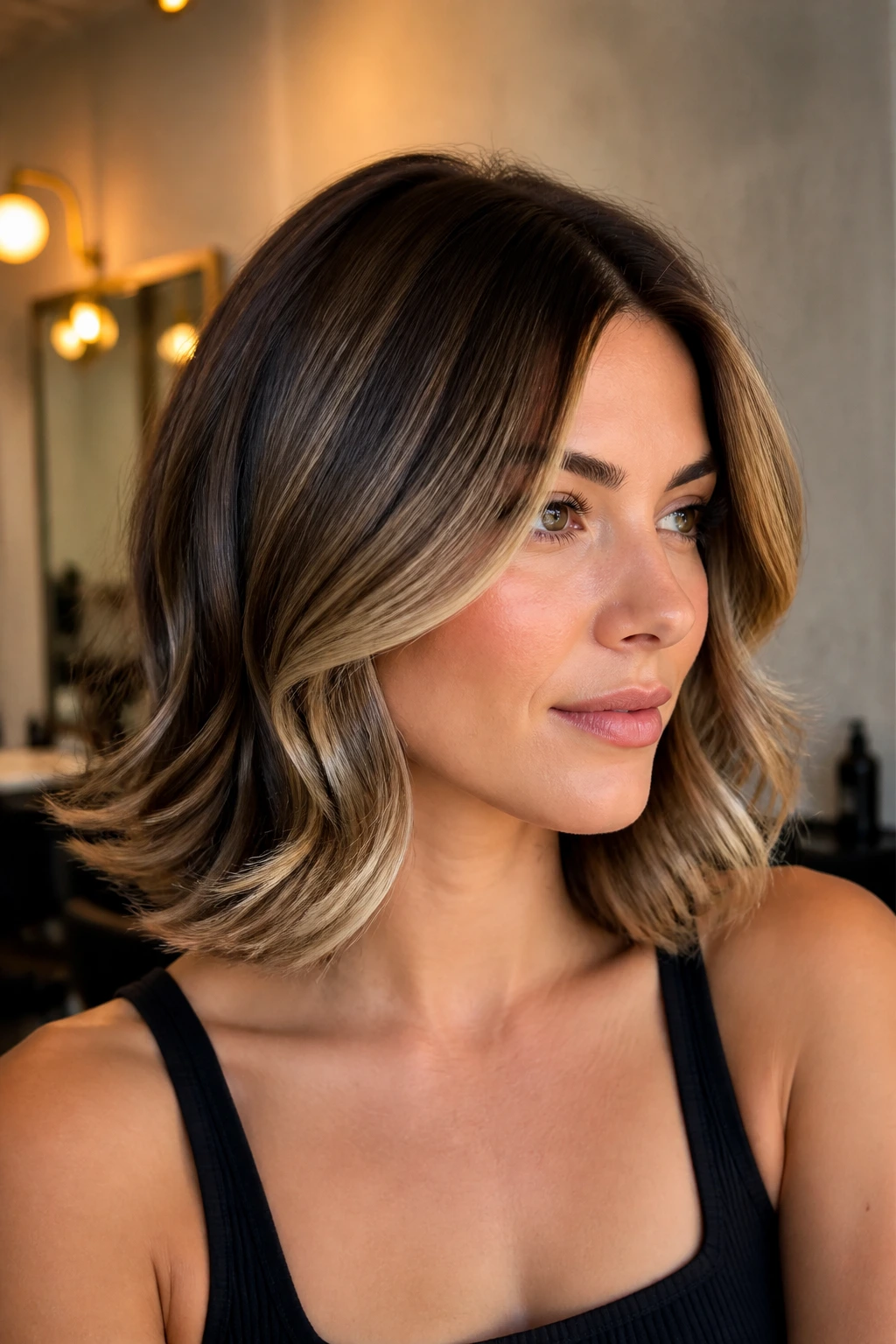 Portrait of a real person with sculpted lob and swept ends under warm salon lighting.