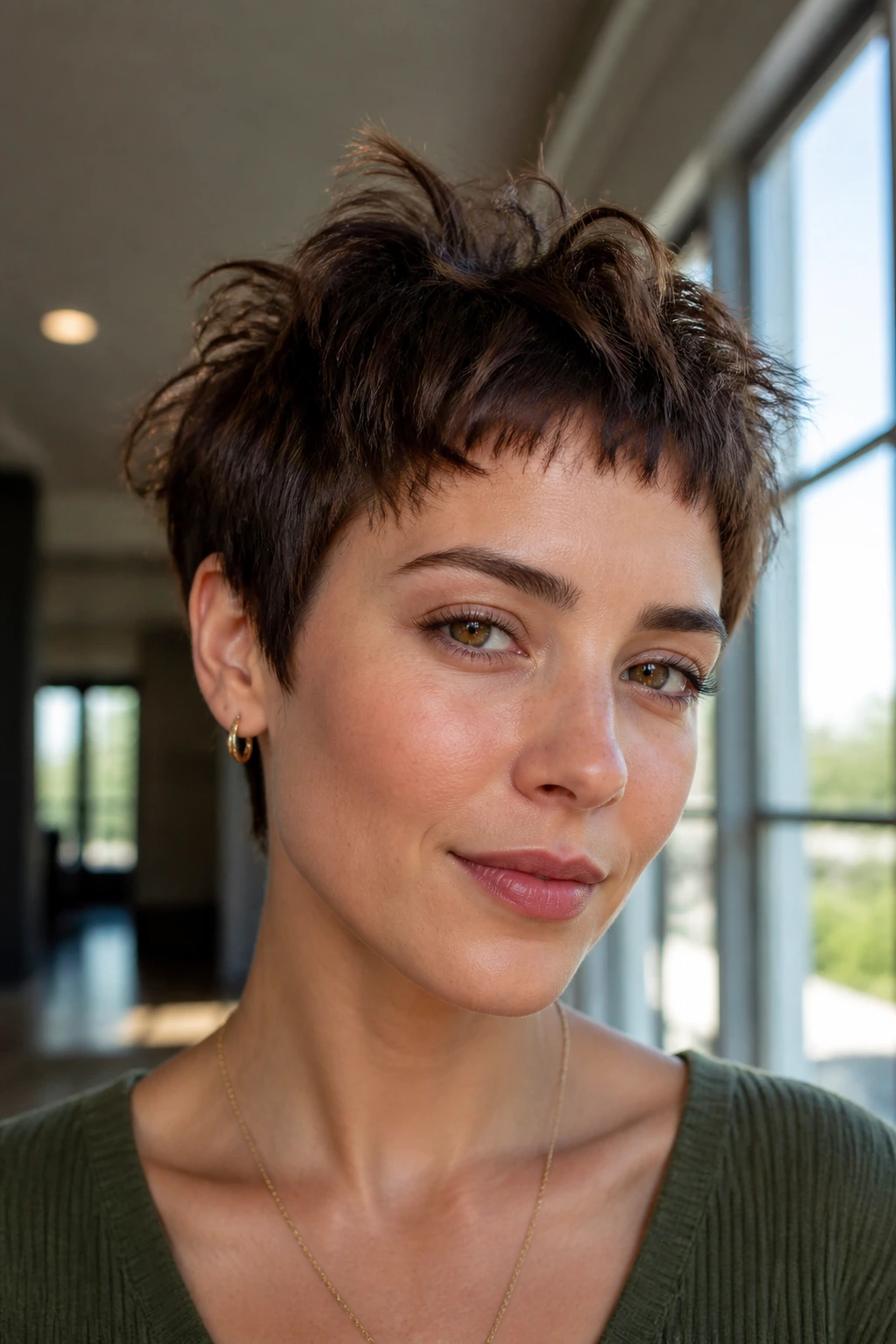 Portrait of a woman with Sculpted Messy Pixie and micro fringe, showcasing textured crown.