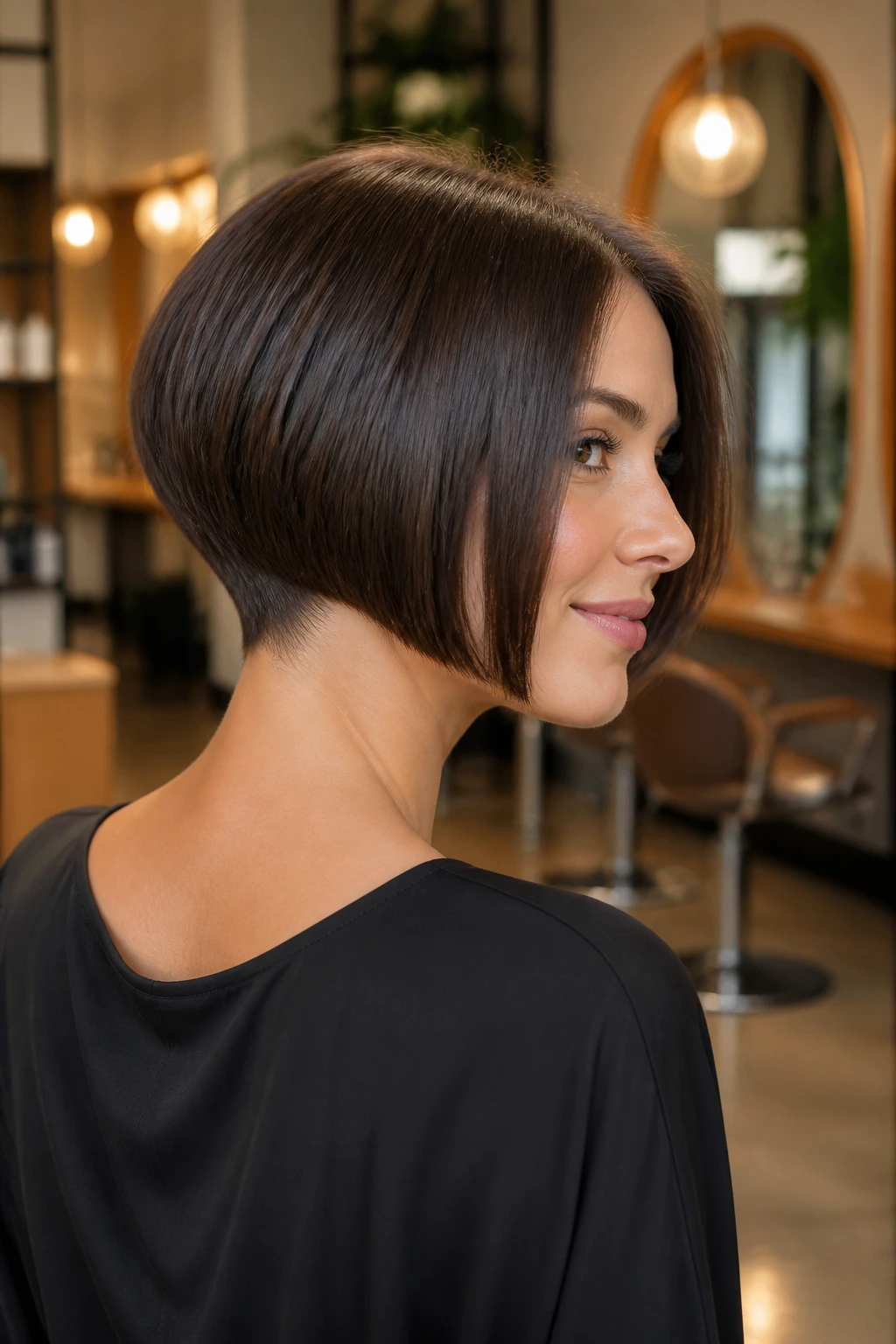 Close-up portrait of a real woman with a sculpted nape bob in a warm salon setting.