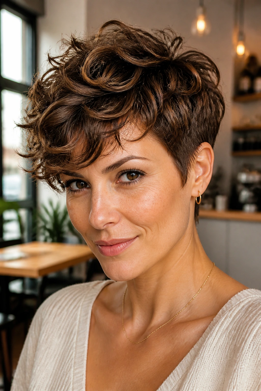 Close-up of Sculpted Pixie-Bob with Cocoa Lowlights in cafe lighting