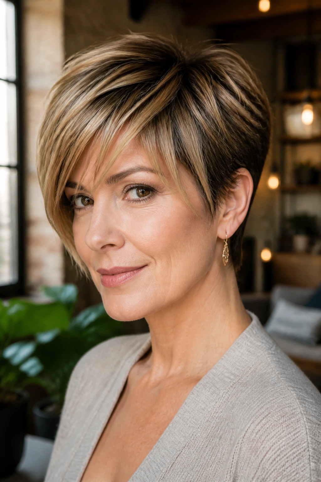 Close-up of a real woman with sculpted pixie and long caramel bangs.