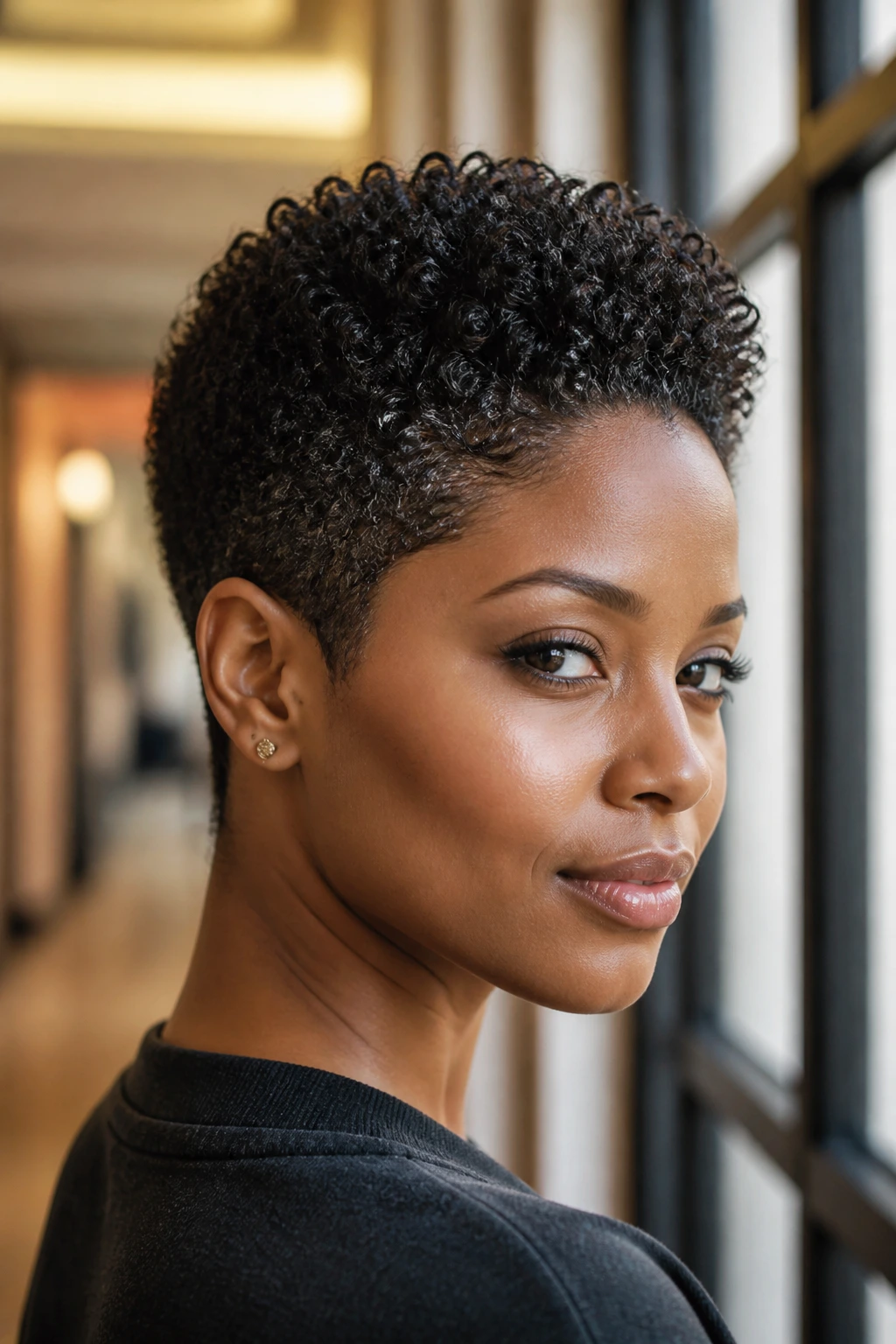 Close-up of a real person with tight coil pixie and tapered sides in warm hallway light