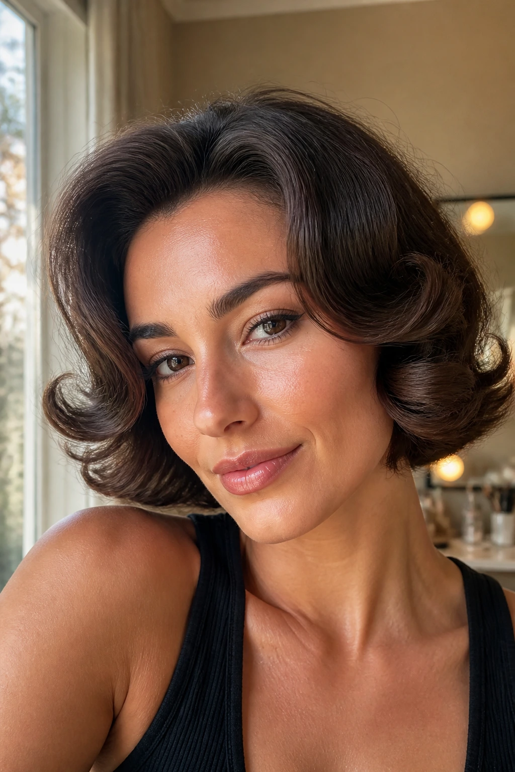 Close-up of a real woman with sculpted retro curls and a flip.