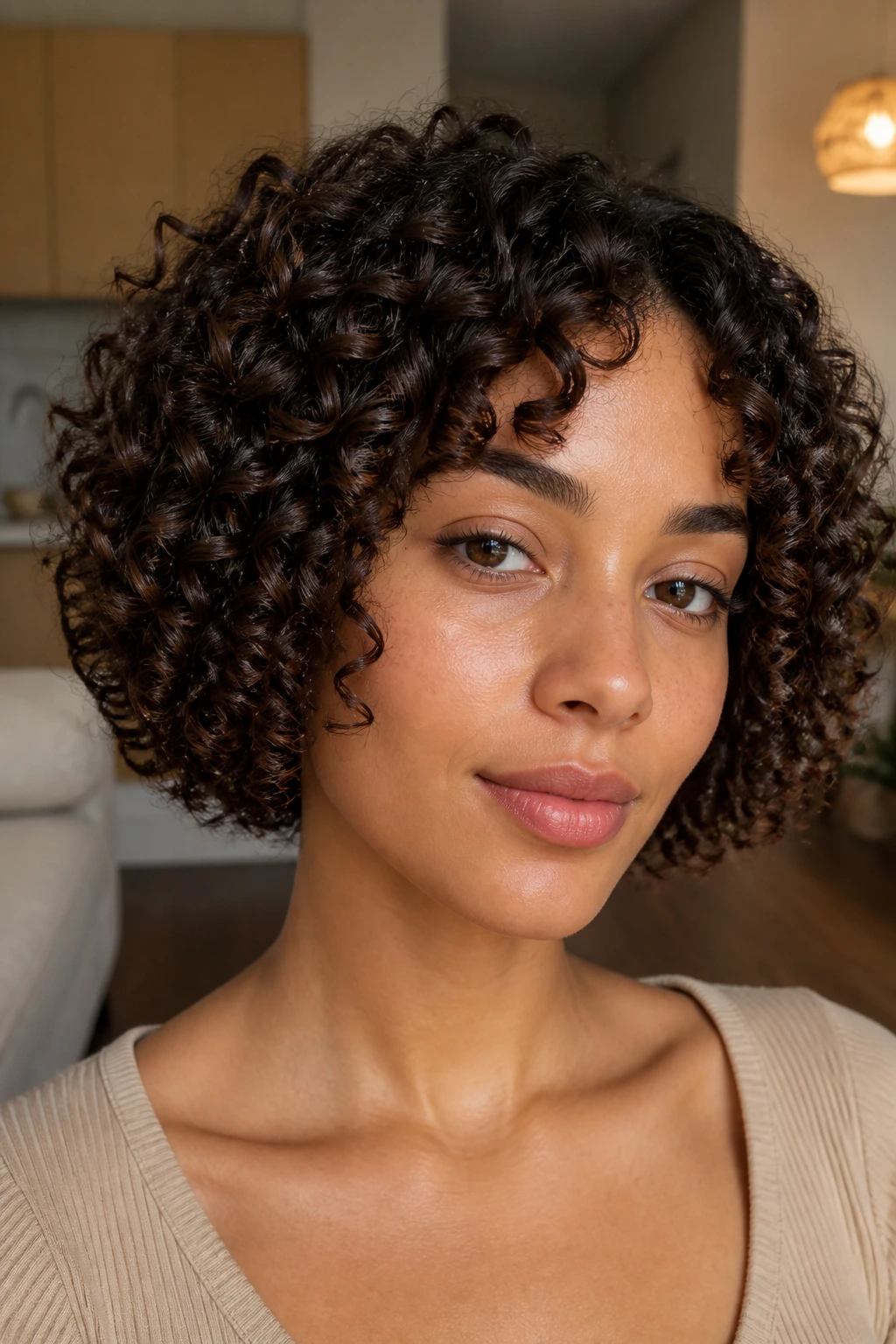 Close-up portrait of a person with a sculpted ringlet bob on tight curls