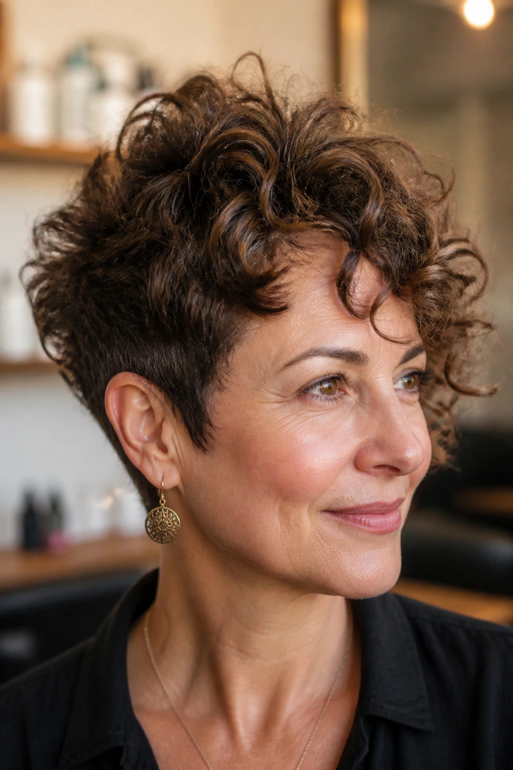 Portrait of a real woman with an uneven halo curly cut