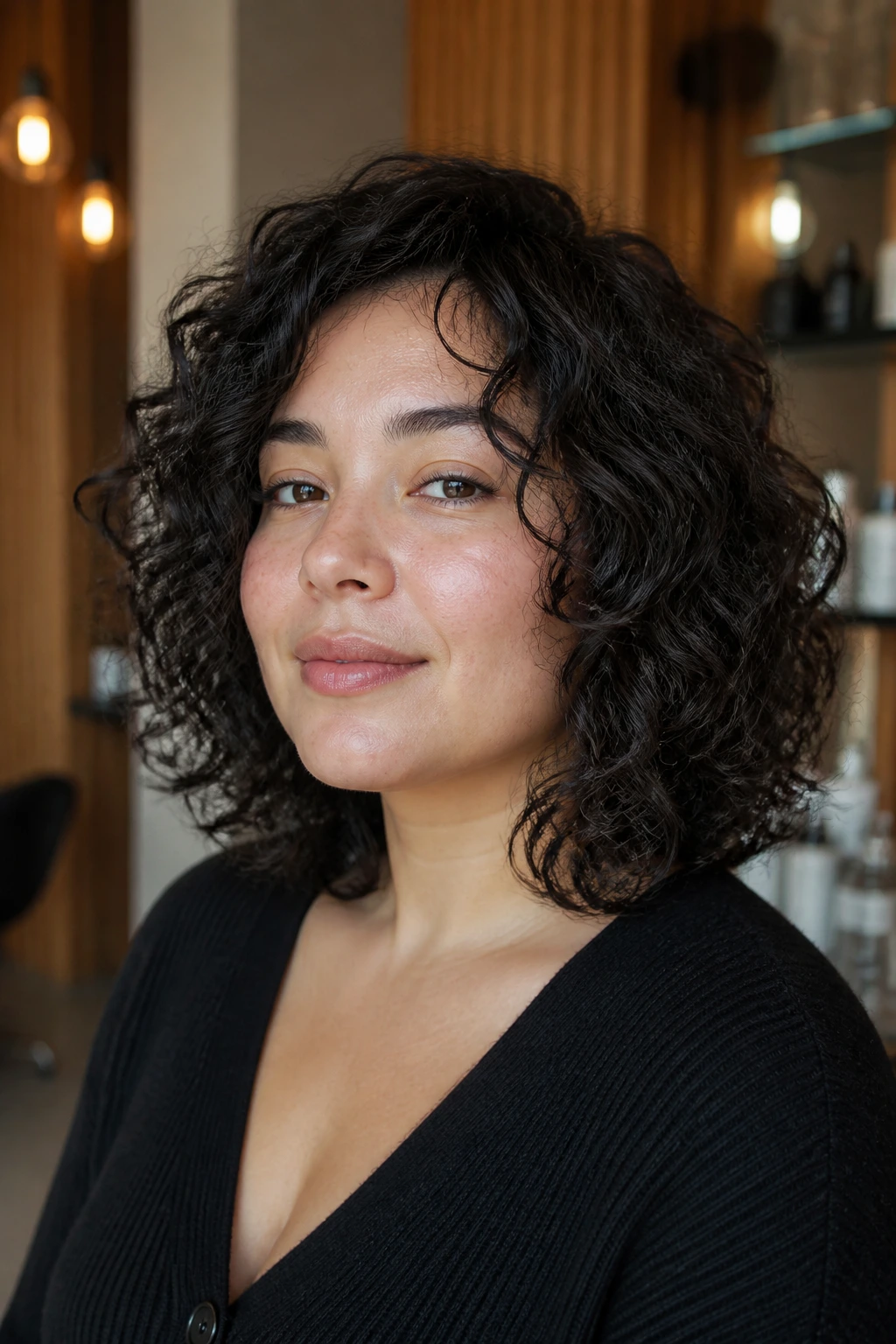 Close-up of a real woman with sculpted shoulder-length curly hair with invisible layers in a warm salon