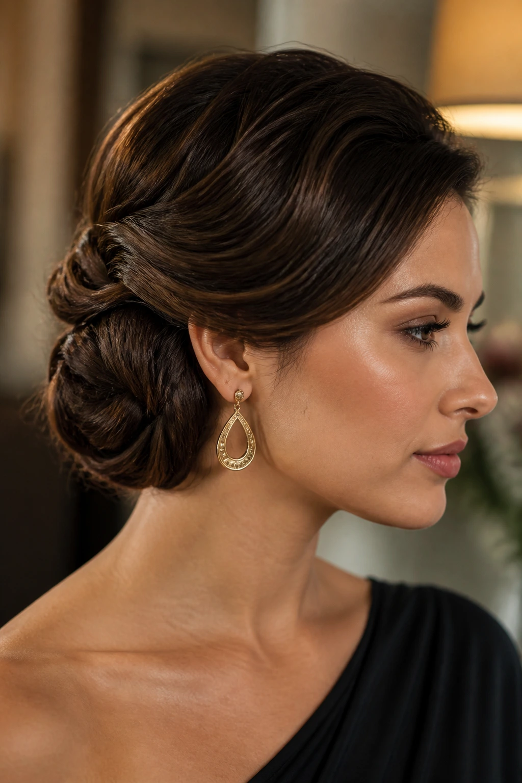Close-up of a real woman with a sculpted side bun and hidden pins