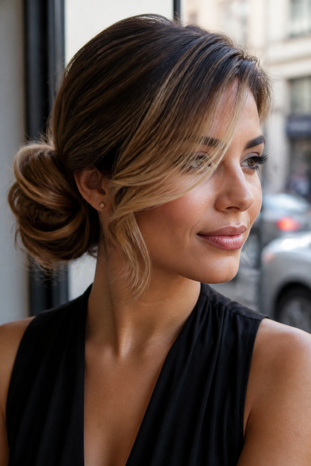 Close-up of a real woman with an off-center sculpted side bun and diagonal money pieces