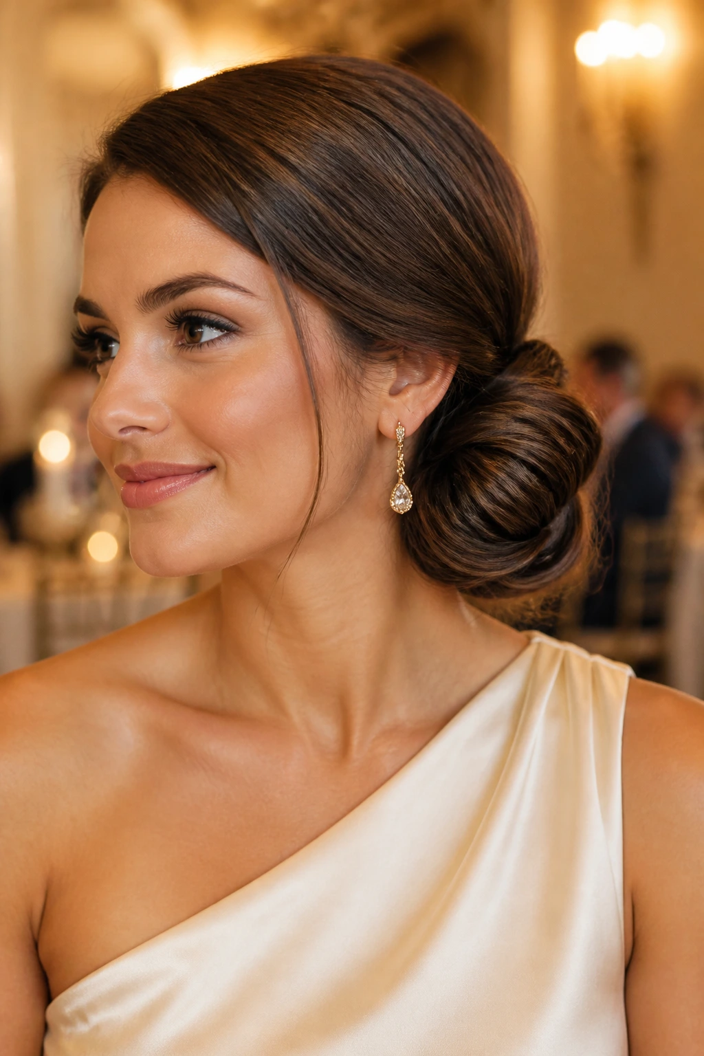 Close-up of a real woman with a sculpted side bun behind one ear.