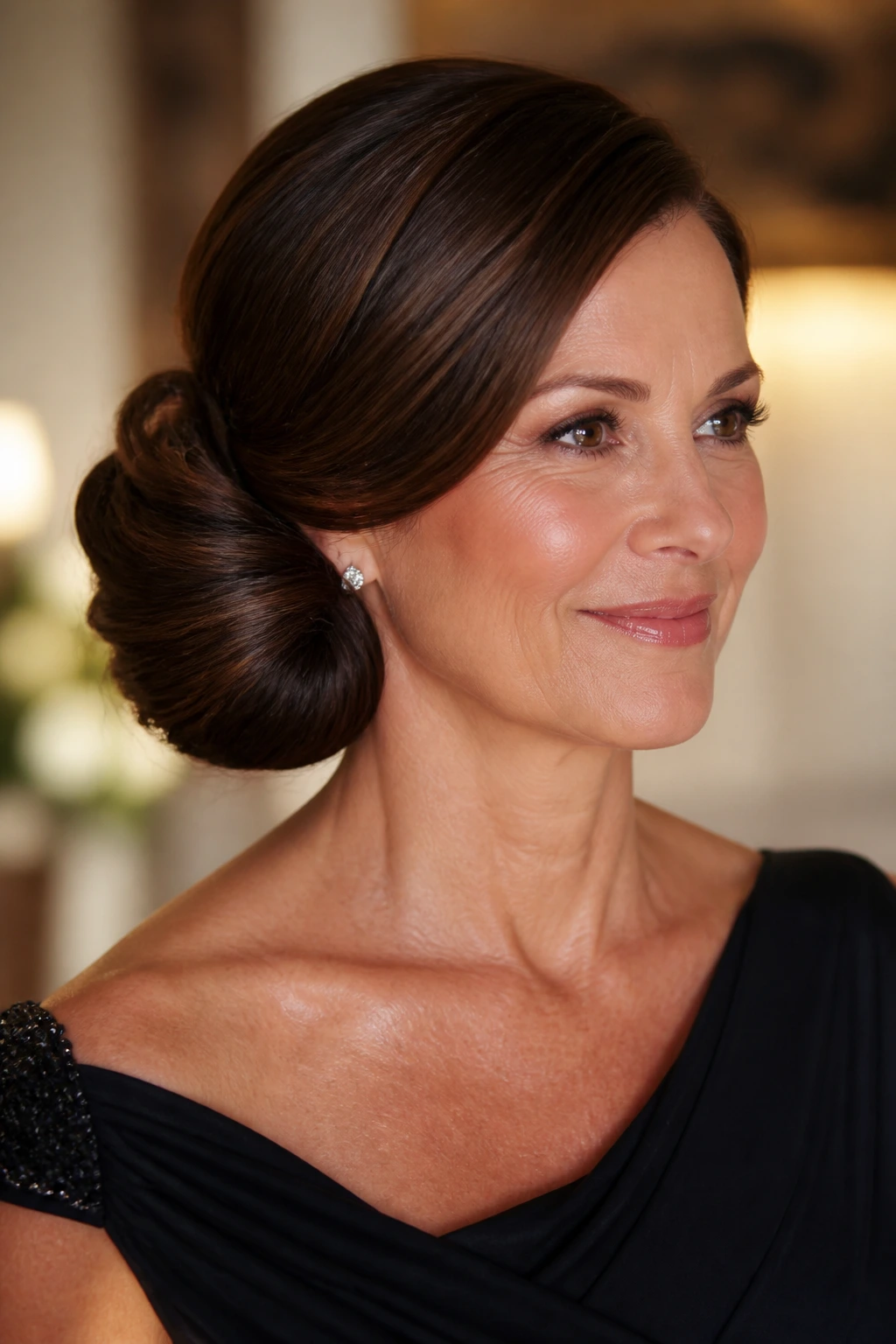 Portrait of a woman with sculpted side bun in a warm indoor setting