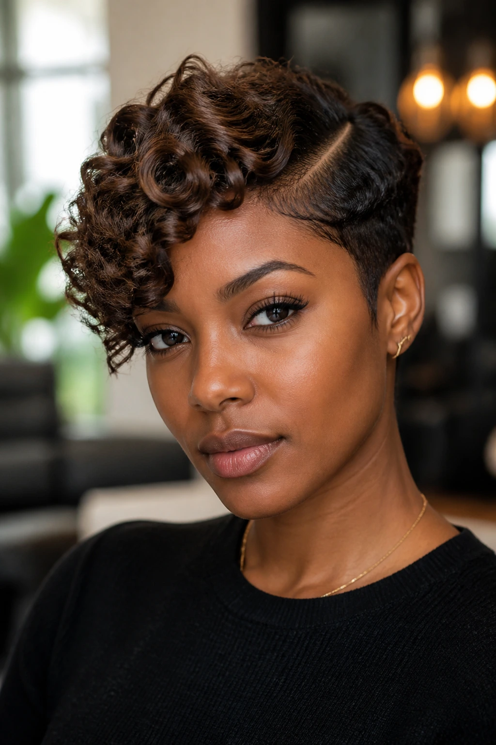 Close-up of a woman wearing a sculpted side-part crop