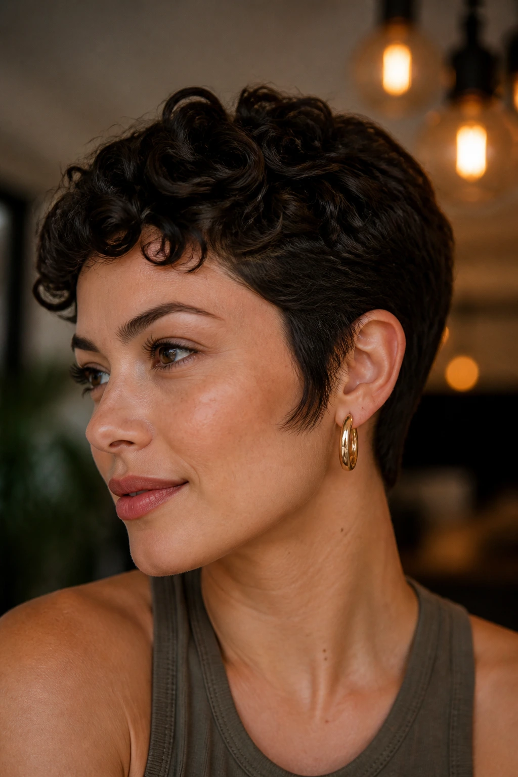 Portrait of a real woman with sculpted sideburn pixie and elegant sides highlighting the jawline.