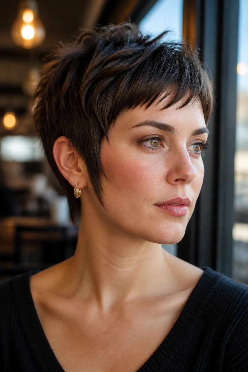Close-up portrait of a woman with sculpted sideburn pixie framing her face