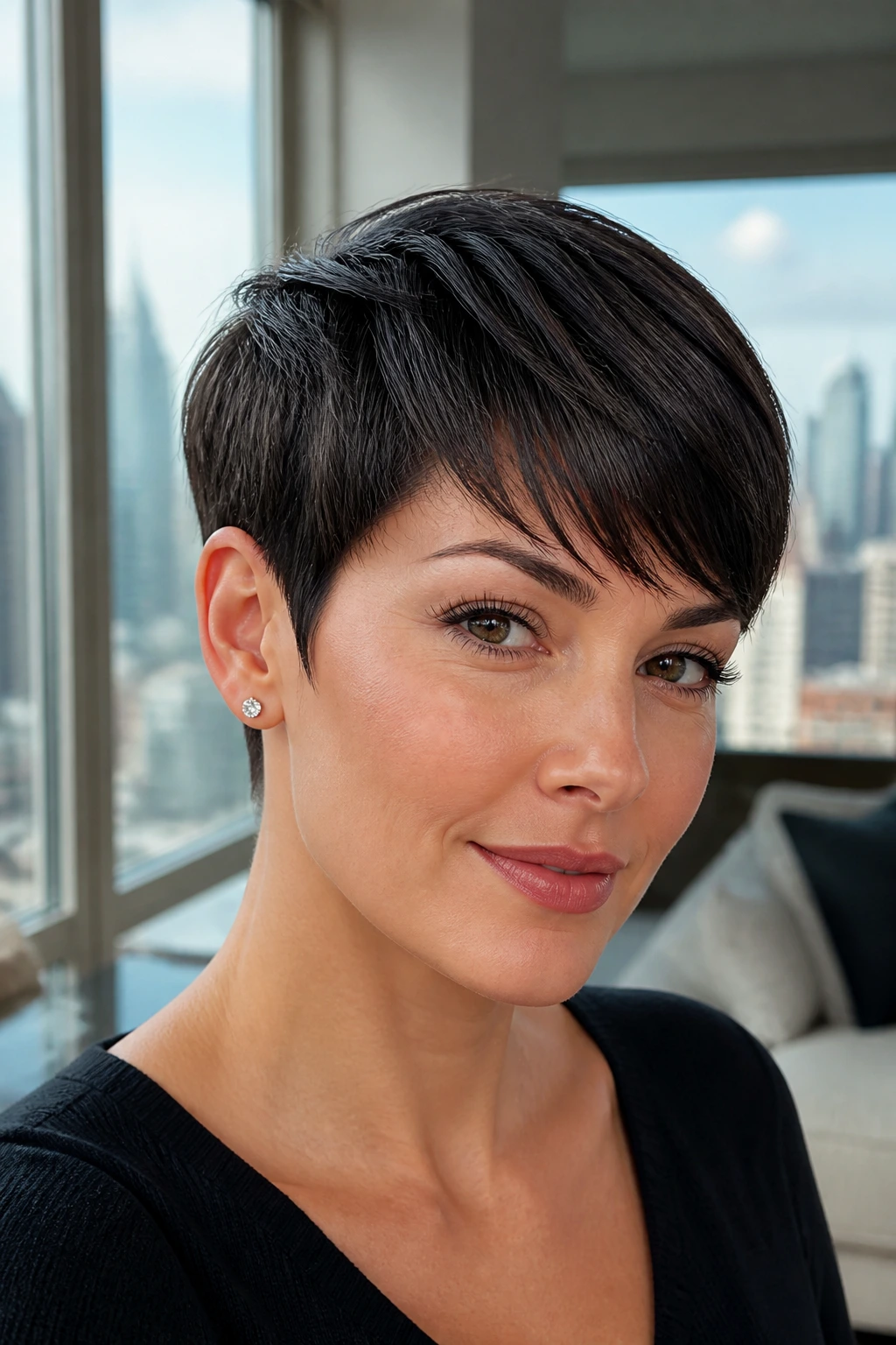 Close-up of a real woman with sculpted straight pixie and crisp perimeter in a modern apartment.