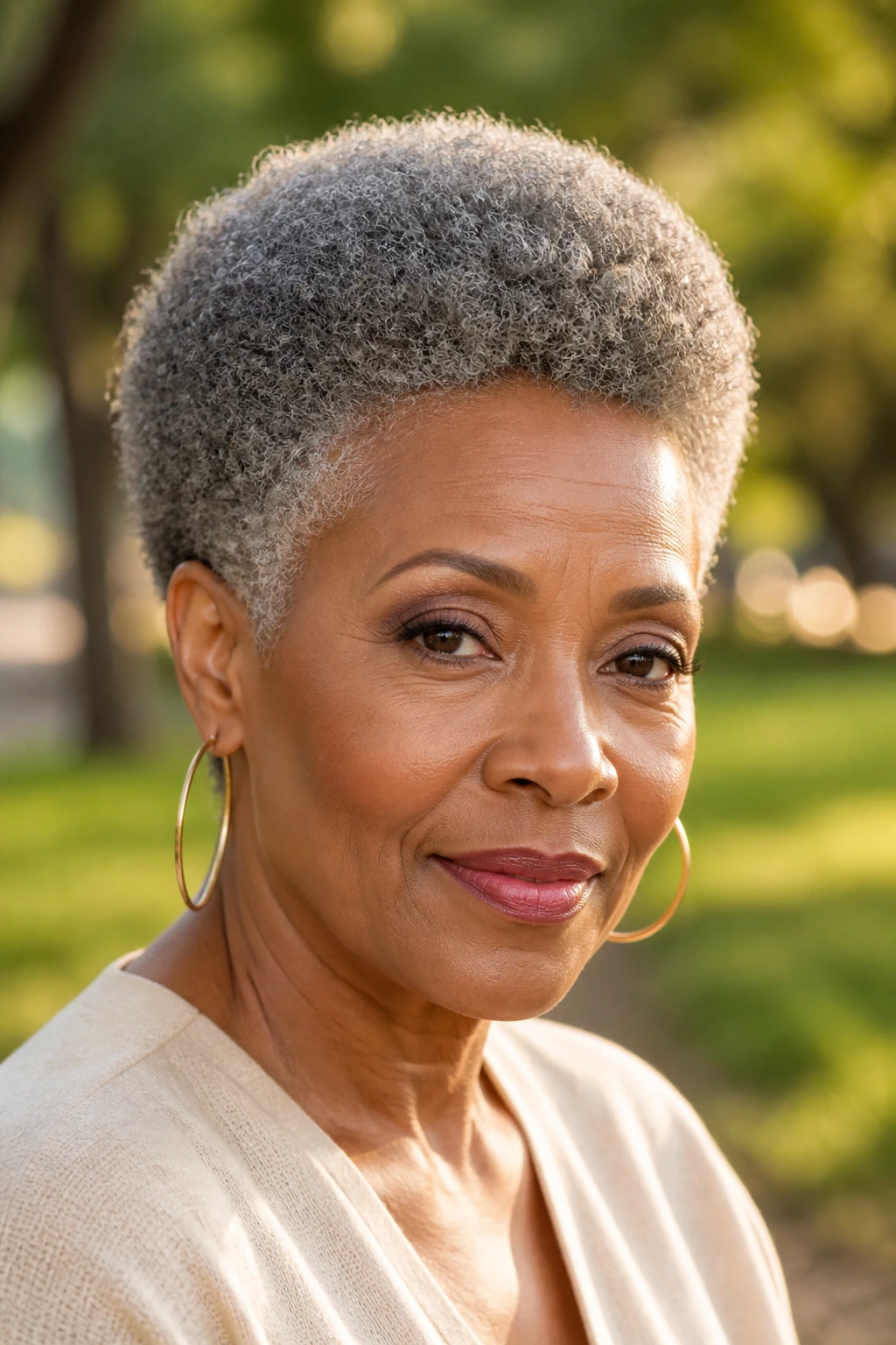 Close-up of a woman with a sculpted tapered Afro in natural light
