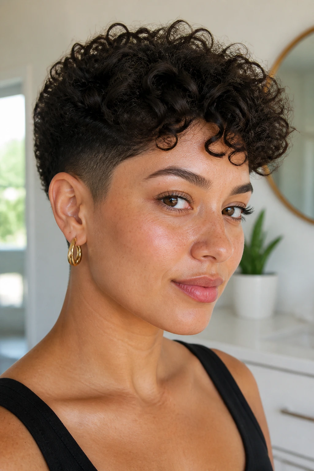 Close-up portrait of a real person with a sculpted tapered cut
