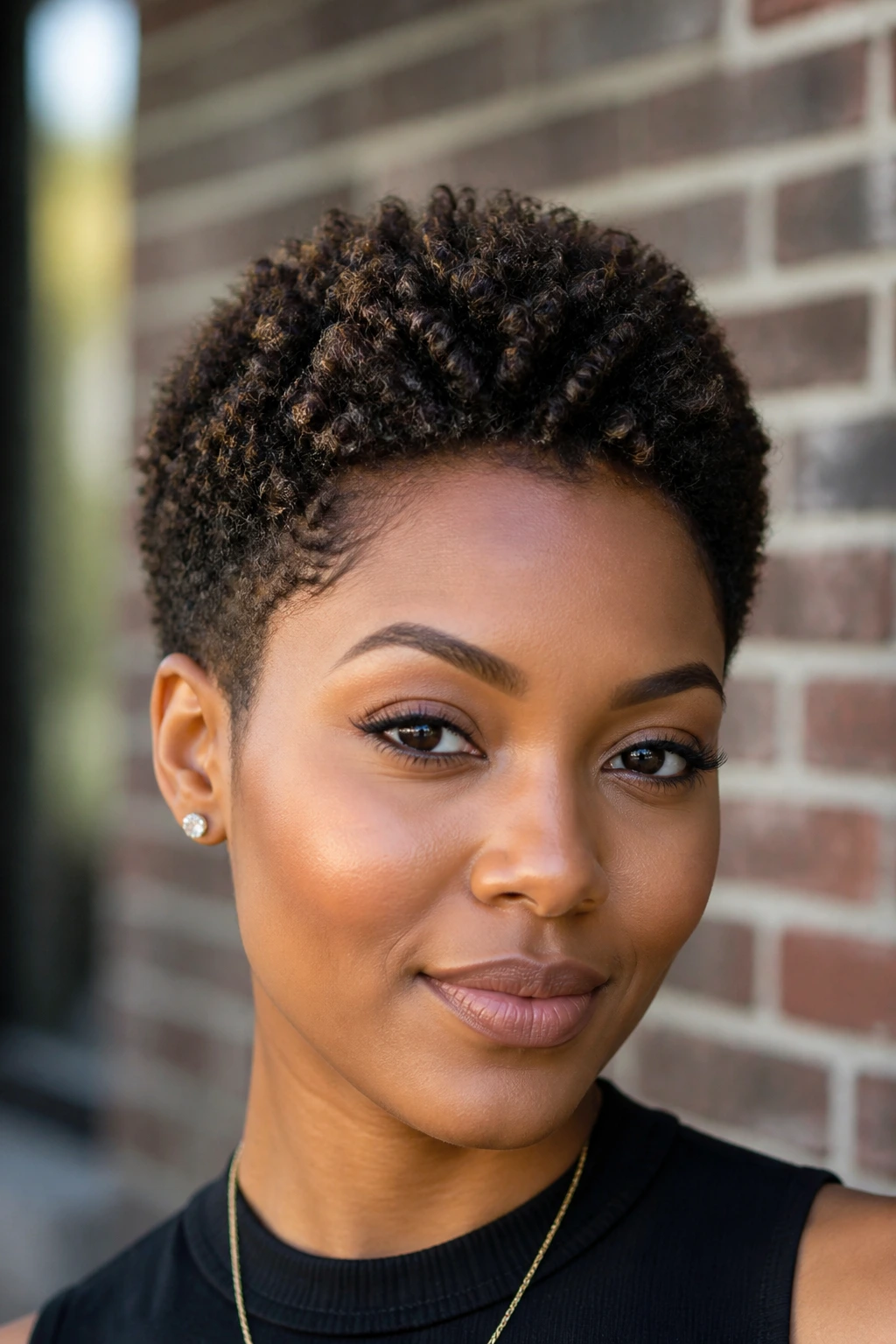 Close-up portrait of a person with a sculpted TWA featuring a tapered crown and defined sides.