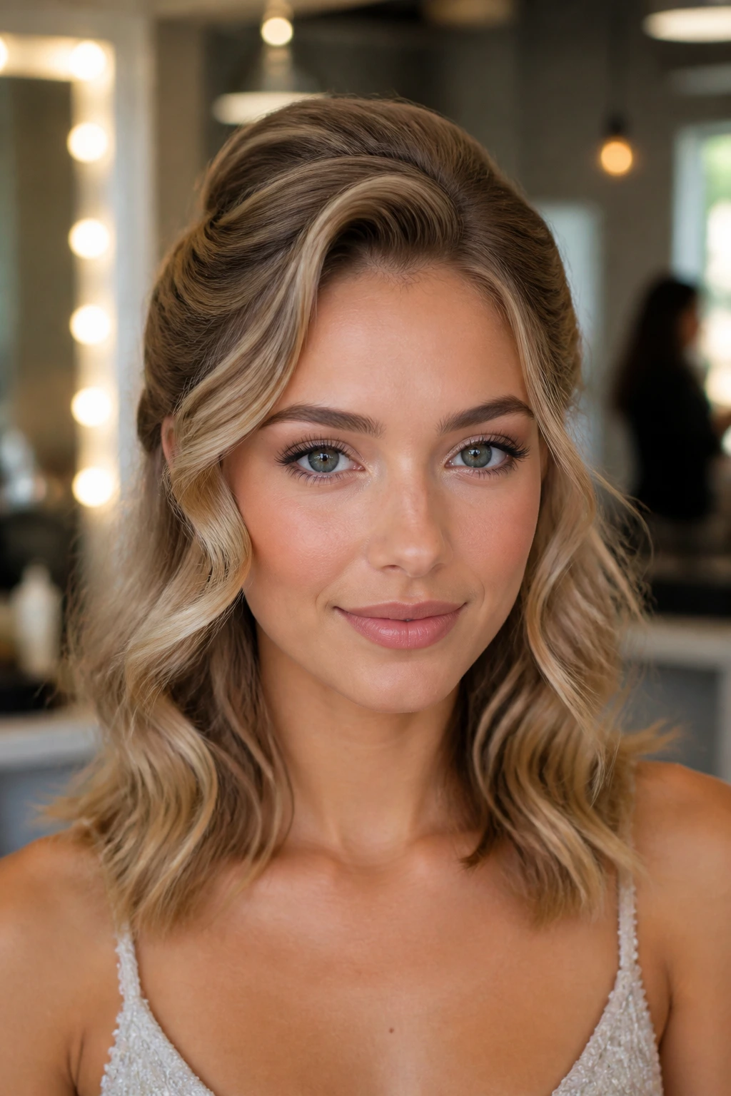 Close-up of a real woman with a sculpted wave and half-up crown