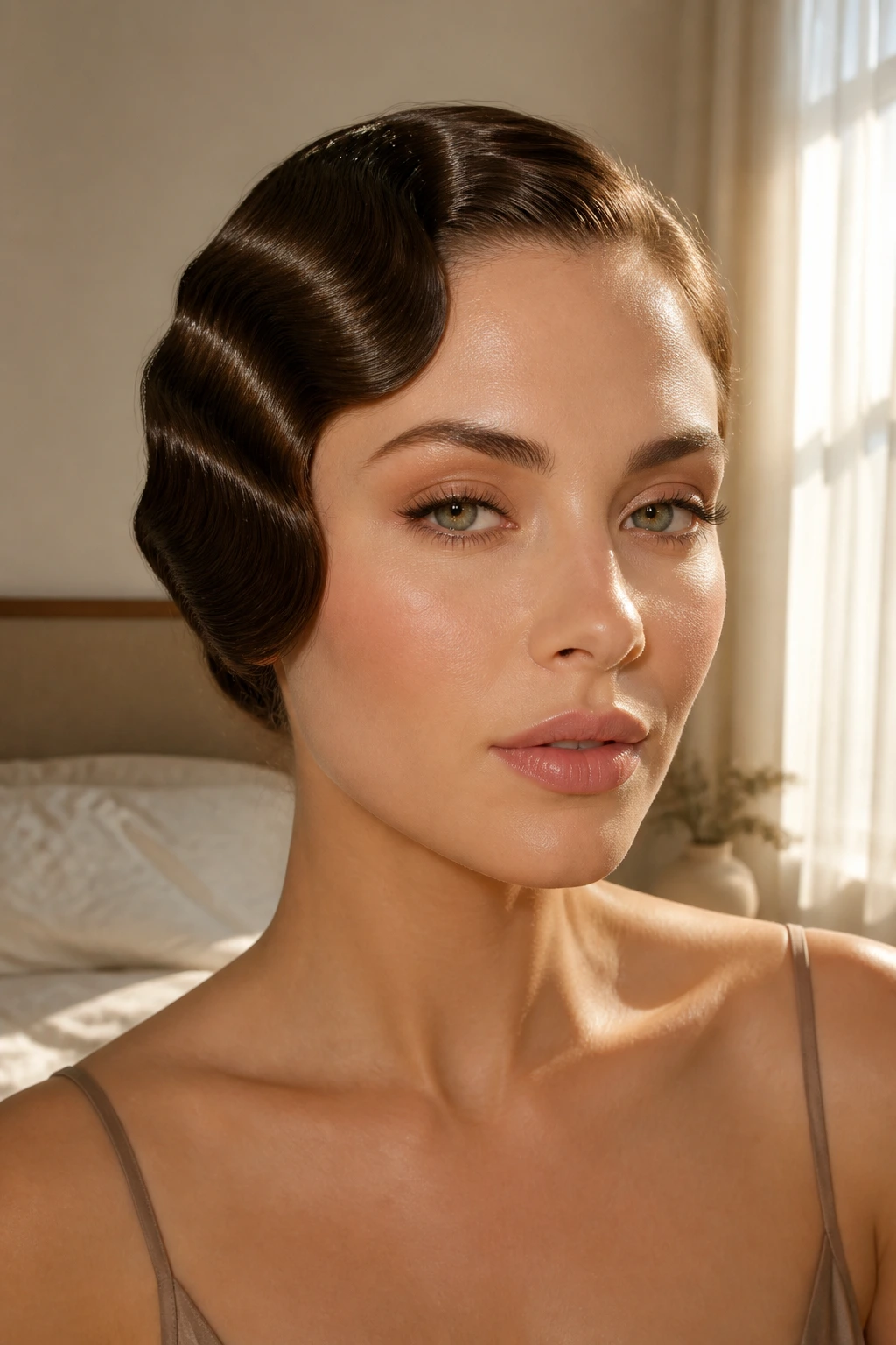 Close-up of a woman with sculpted Marcel waves and glossy ridges.